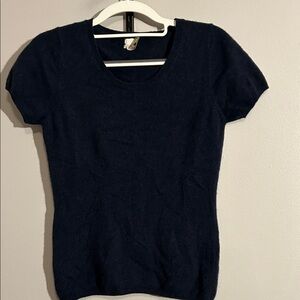 Fair Trade Cashmere Navy Women's Crew Neck Short Sleeve Sweater